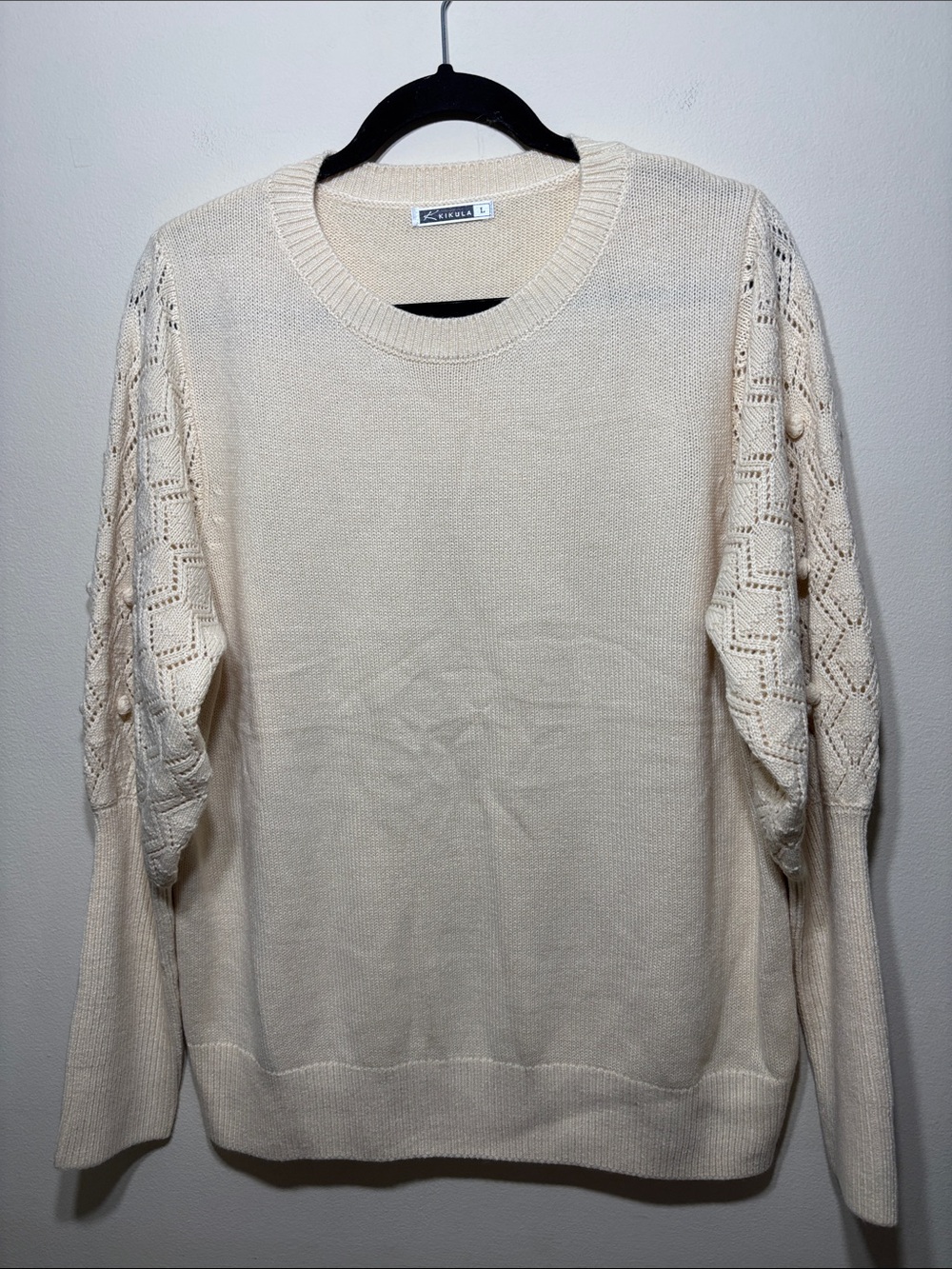 Openwork Sleeve Crewneck Sweater in Cream